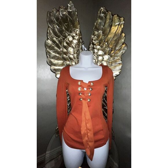 Free People Burnt Orange Lace Up Satin Ribbon Front Long Sleeve Top, Size Xsmall - Picture 4 of 13